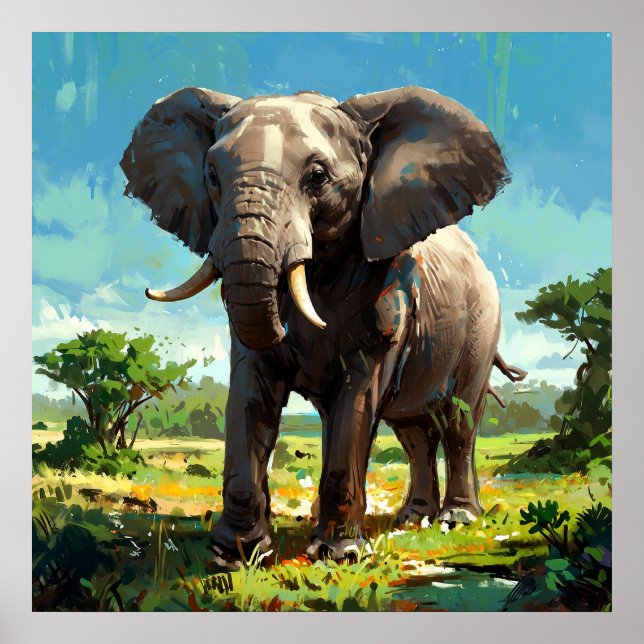 Affiche Peinture d'éléphant dynamique Art de la faune (Devant)