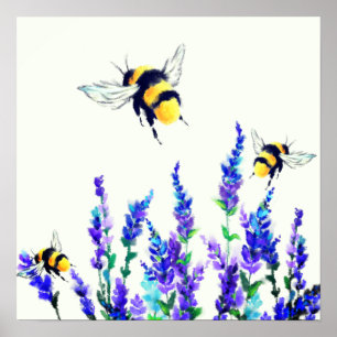 Affiche Peinture des fleurs de printemps et des abeilles