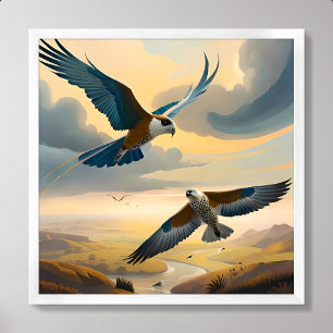 Affiche peinture d'oiseau couple ciel nuages
