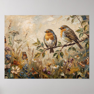 Affiche Peinture d'oiseaux rouges et de fleurs sauvages