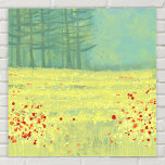 Affiche Peinture du paysage de prairie<br><div class="desc">Un paysage moderne et contemporain avec une paisible prairie fleurie remplie d'oiseaux volant contre le ciel et une forêt de pins au loin. Couleurs jaunes et vertes fraîches et relevantes. Art original de Nic Squirrell.</div>