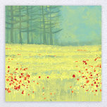 Affiche Peinture du paysage de prairie<br><div class="desc">Un paysage moderne et contemporain avec une paisible prairie fleurie remplie d'oiseaux volant contre le ciel et une forêt de pins au loin. Couleurs jaunes et vertes fraîches et relevantes. Art original de Nic Squirrell.</div>