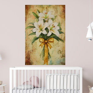 Affiche Peinture d'un bouquet de lys blancs avec un ruban