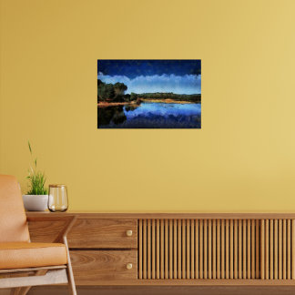 Affiche Peinture d'un lac bleu calme au printemps