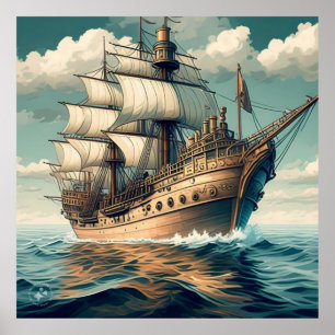 Affiche Peinture D'Un Navire Avec Les Voiles Vers Le Bas-5