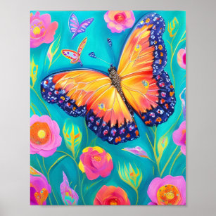 Affiche Peinture d'un papillon dans un champ de fleurs