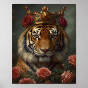 Affiche Peinture d'un tigre avec couronne et Rose