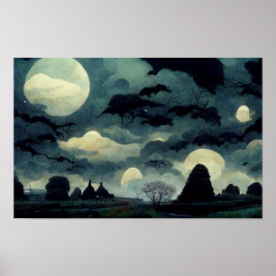 Affiche Peinture éffrayante du paysage d'Halloween