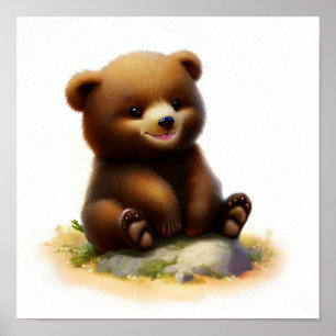 Affiche Peinture en Aquarelle 3D d'un petit ours grizzli
