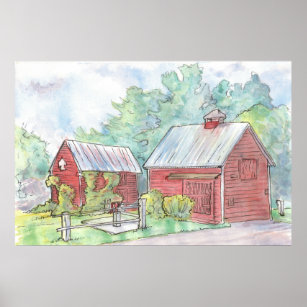 Affiche Peinture en aquarelle de la grange rouge Imprimer 
