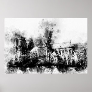 Affiche Peinture en noir et blanc de la cathédrale Notre-D