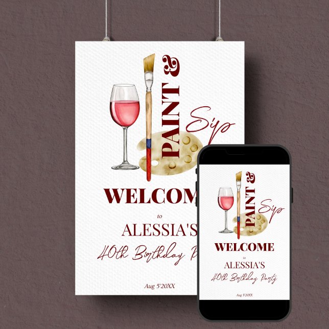 Affiche Peinture et vin de gorgée et signe d'accueil à thè (Paint and sip wine and art themed birthday party welcome sign poster editable template download)