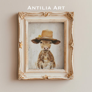 Affiche Peinture fantaisiste de vache de ferme avec veau p