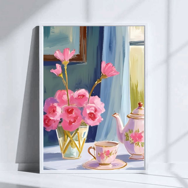 Affiche Peinture Fleur Rose Théière Florale (Créateur téléchargé)