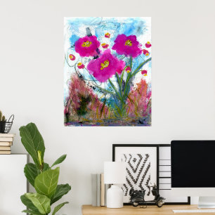Affiche Peinture florale botanique de fleurs roses abstrai
