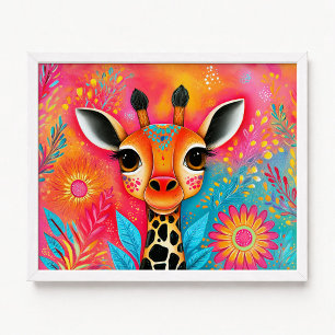 Affiche Peinture florale de girafe orange rose