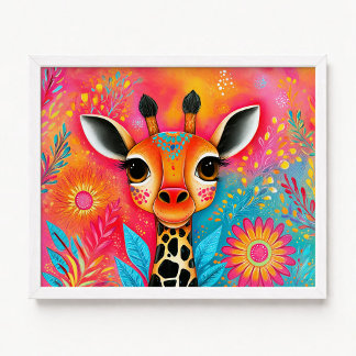 Affiche Peinture florale de girafe orange rose