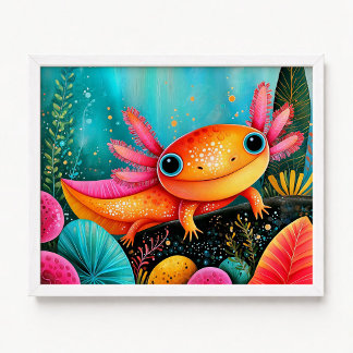 Affiche Peinture florale de l'axolotl rose orange