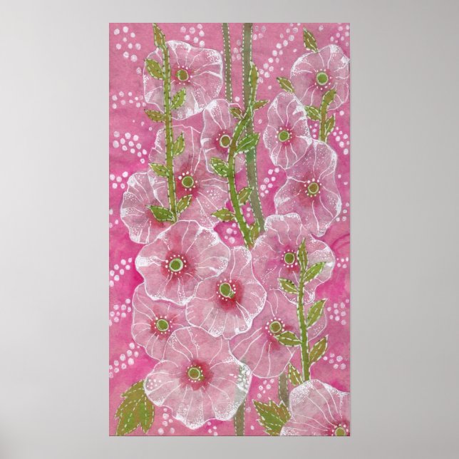 Affiche Peinture florale rose Hollyhock Malve Malva (Devant)