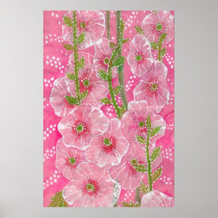 Affiche Peinture florale rose Hollyhock Malve Malva
