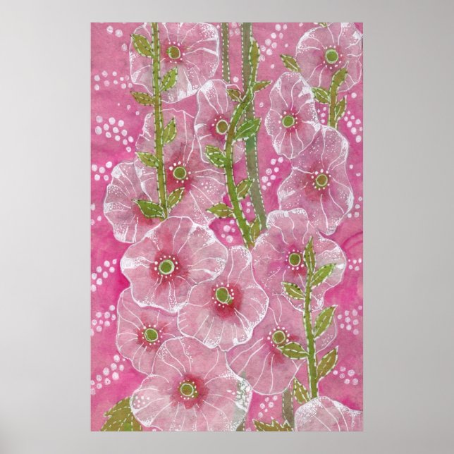 Affiche Peinture florale rose Hollyhock Malve Malva (Devant)