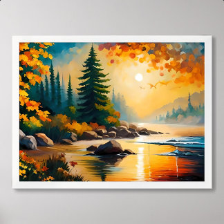 Affiche peinture fluviale pinède rocheuse automne après-mi
