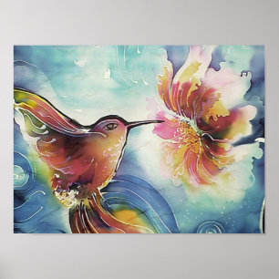 Affiche Peinture HummingOiseau et Flower Silk Art