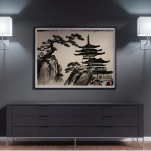 Affiche Peinture japonaise à l'encre paysage