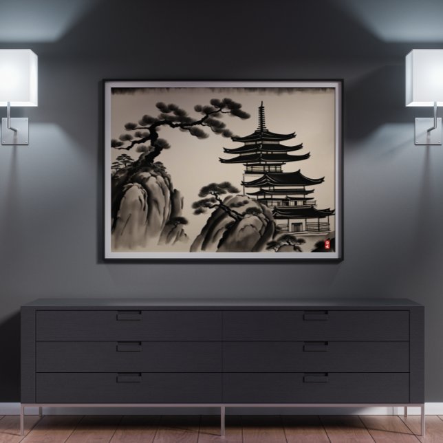 Affiche Peinture japonaise à l'encre paysage (Japanese Landscape Ink Painting Poster)