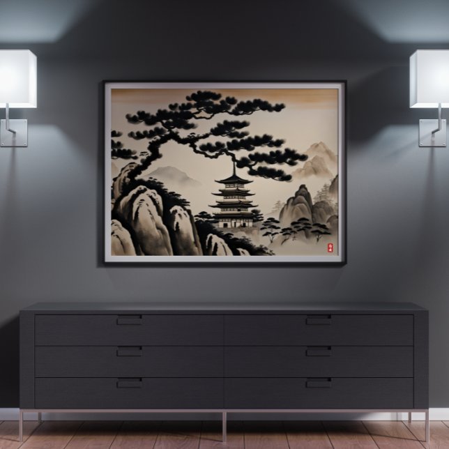 Affiche Peinture japonaise à l'encre paysage (Japanese Landscape Ink Painting Poster)