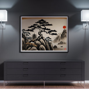 Affiche Peinture japonaise à l'encre paysage