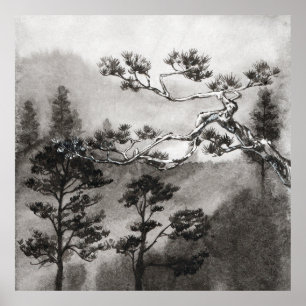 Affiche Peinture japonaise Sumi-e d'un pin dans le brouill