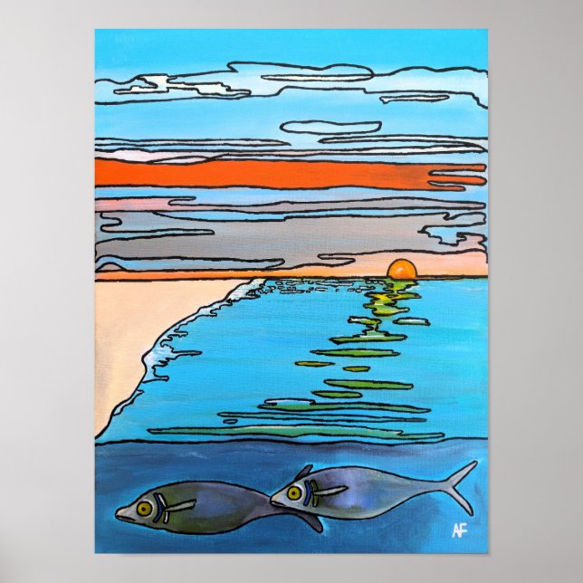 Affiche Peinture Lever de soleil sur l'océan 8 bits par Al (Devant)