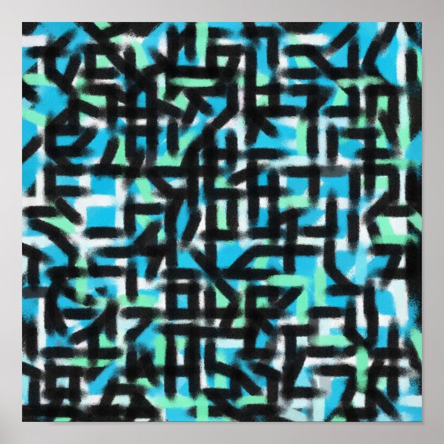 Affiche peinture moderne d'art abstrait noir et bleu (Devant)