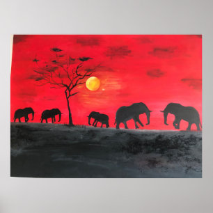 Affiche Peinture murale africaine à base d'éléphants