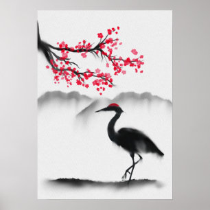 Affiche Peinture murale avec Sakura et Héron