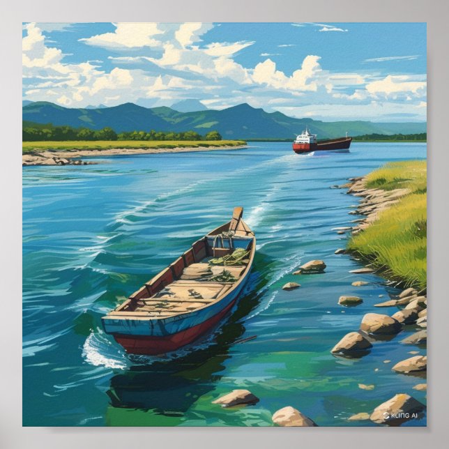 Affiche Peinture murale d'un bateau dans la mer et d'un ba (Devant)