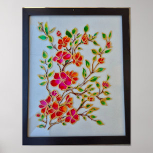 Affiche Peinture murale en verre floral orange rouge