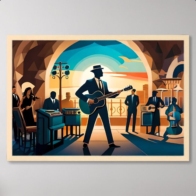 Affiche peinture musique jazz performance dans un café de  (painting jazz song performance in retro style cafe)
