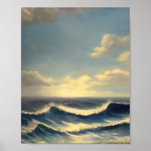 Affiche peinture nautique de vagues océaniques ciel nuageu