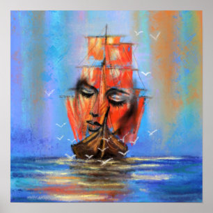 Affiche Peinture originale de la dame du voilier en naviga