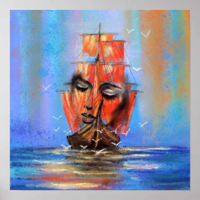 Affiche Peinture originale de la dame du voilier en naviga (Devant)
