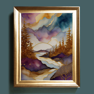 Affiche Peinture Paysage Abstrait Or Bleu pourpre