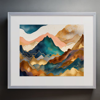 Affiche Peinture Paysage Abstrait Or Pêche Bleu