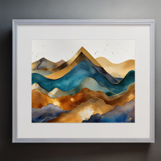 Affiche Peinture Paysage Abstrait Or Rouille Bleu