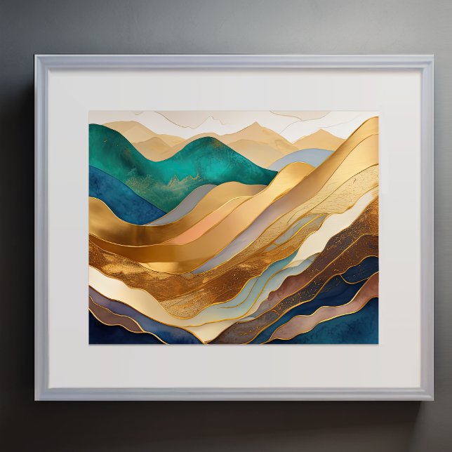 Affiche Peinture Paysage Abstrait Or Rouille Bleu (Créateur téléchargé)