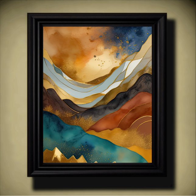 Affiche Peinture Paysage Abstrait Or Rouille Bleu (Créateur téléchargé)