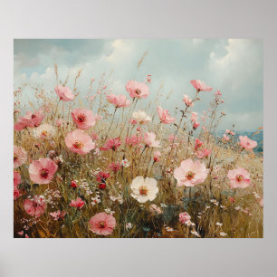Affiche Peinture paysagère de fleurs sauvages rose tendre