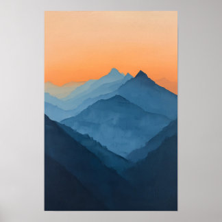 Affiche Peinture paysagère vintage Orange Sky Mountain