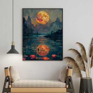 Affiche Peinture Pleine Lune et Lac aux Fleurs de Lotus